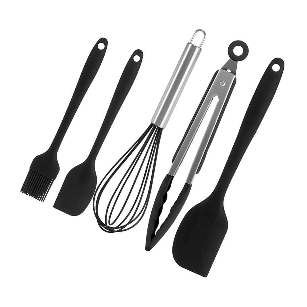 Pfannenwender Set Silikon Schwarz | 5-teiliges Küchenhelfer Set inklusive Schaber Schneebesen Grillzange und Pinsel | Hitzebeständig und Langlebig | Kochutensilien