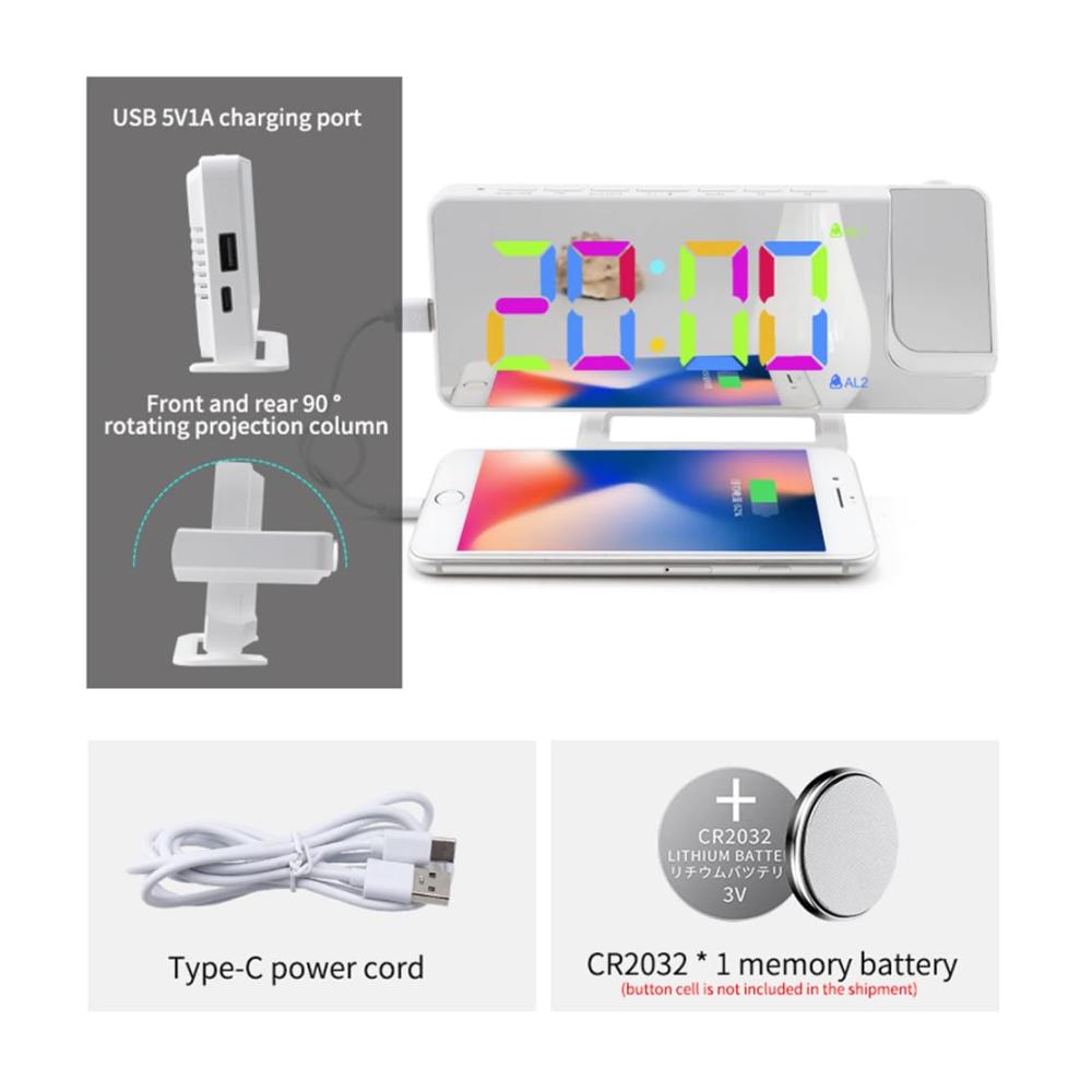 Erweiterter Projektionswecker 18 cm (73 Zoll) LED-Spiegelbildschirm 180° drehbar USB-Port Schlummerfunktion 6 Helligkeitsstufen. Moderne Digitaluhr für den Nach