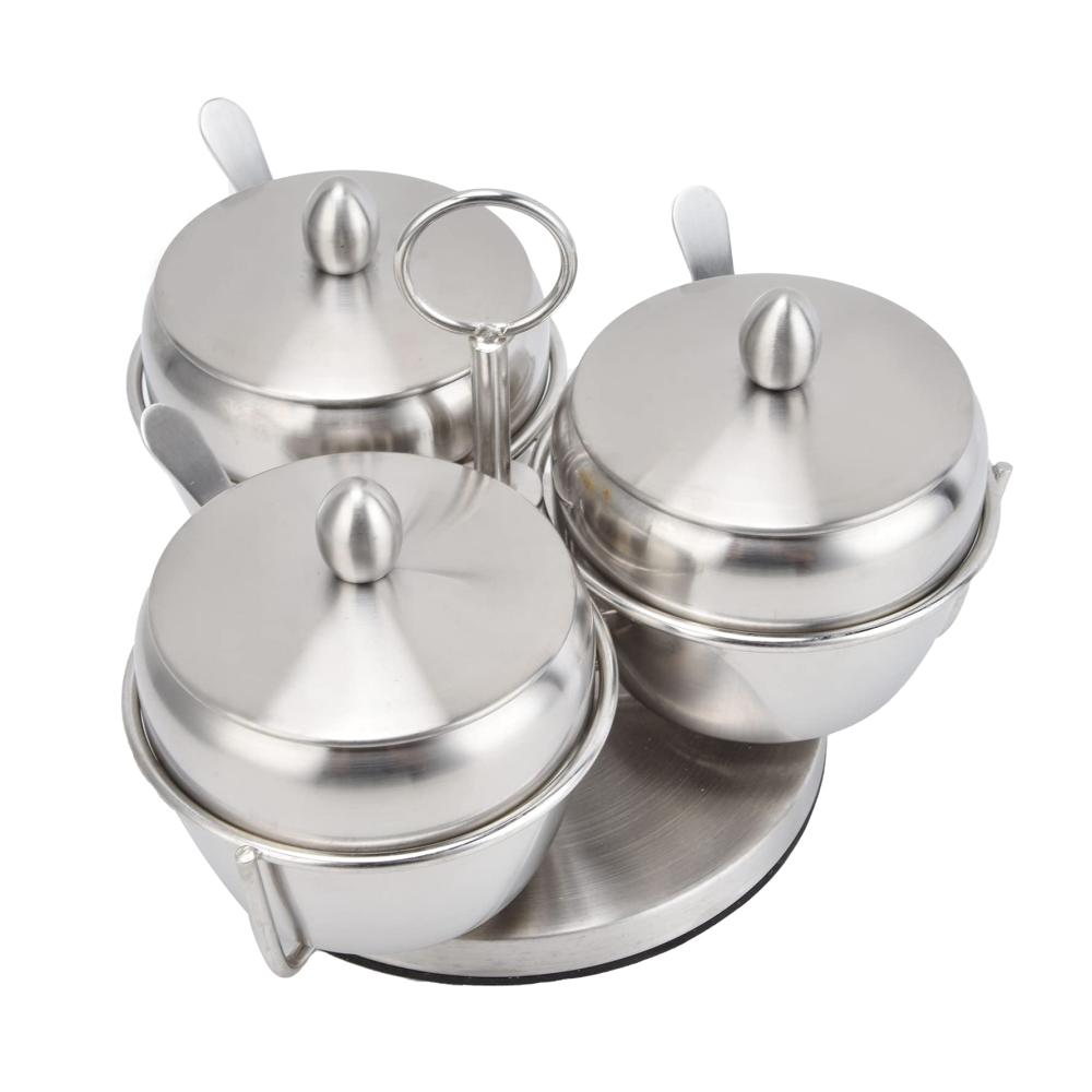 Drehbares Gewürzdosen-Set aus Edelstahl | 3er-Set Gewürzdosen mit praktischem Gestell | Inklusive Deckel und Löffel | Vielseitige Gewürzbehälter für die Küche zu Hause | Attraktive Salz- und Zuckerdose | Stilvolle Aufbewahrungslösung für Dressing- & Gewürzspender