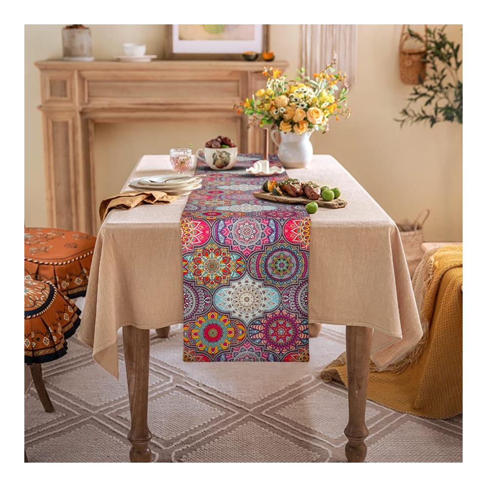 Boho Chic Exklusiver Leinen Tischläufer in Vintage-Optik - Bunter Hingucker für Tischdeko bei Hochzeit Party & Bankett - Marokkanisches Mandala Design - Ideales Geschenk für stilvolles Wohnambiente 33 x 183cm