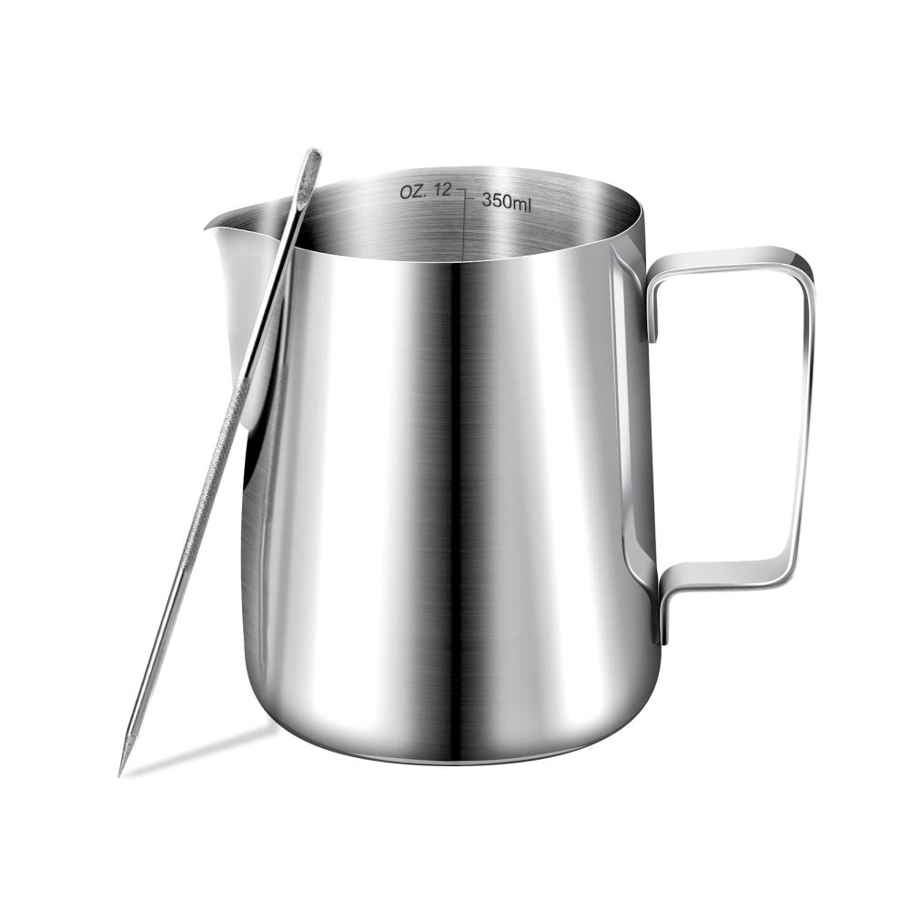 Edelstahl Milchschaumkännchen 350ml mit Latte Art Pen - Premium Barista Zubehör für Espresson & Cappuccino - Kaffeemaschinenersatzteil für perfekten Milchschaum - Spülmaschinenfest