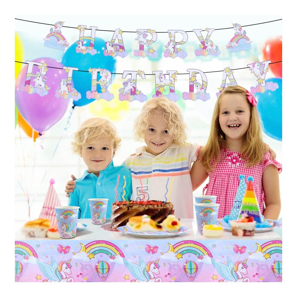 Einhorn Geburtstagsdeko Set - Partyzubehör & Dekoration für Kindergeburtstag - Einhorn Pappteller Becher Servietten & Tischdecke - Magische Einhorn Partygeschirr für unvergessliche Feiern