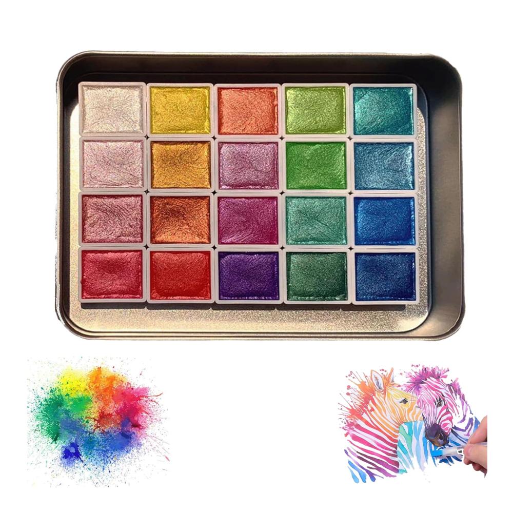 Hochwertiges Farben & Lacke Set 20 Aquarellfarben Metallic Gouache Malerei Farben Reiseperlen Wasserfarben - Künstlerbedarf mit Pinsel und Palette - Ideales Geschenk für Kreative und Maler