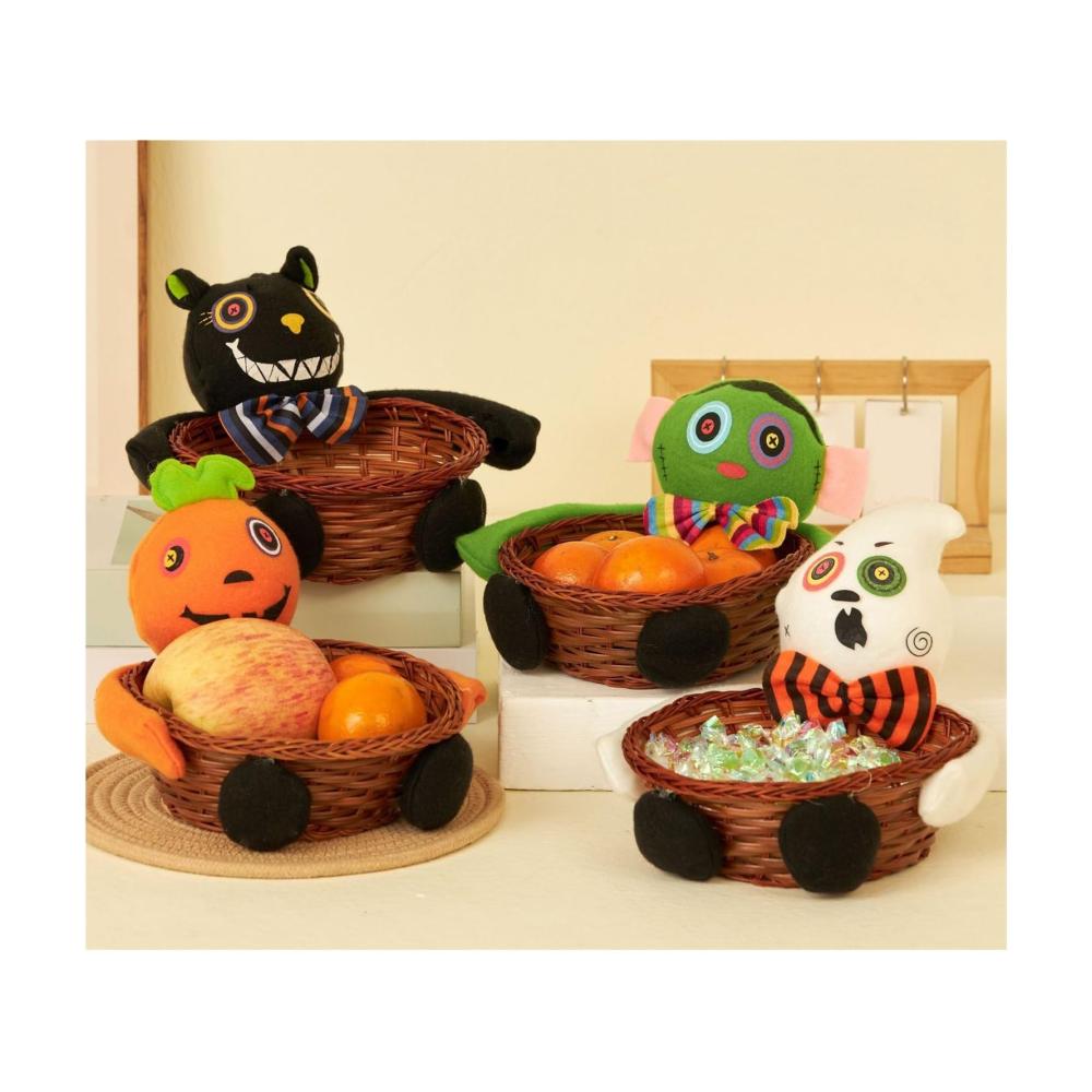 Handgewebter Bonbonservierer für Halloween Spukhafte Puppe als Obstschale & Süßigkeitenkorb - Dekorative Schale für Feiertagspartys & Tischdekoration - 4er Pack