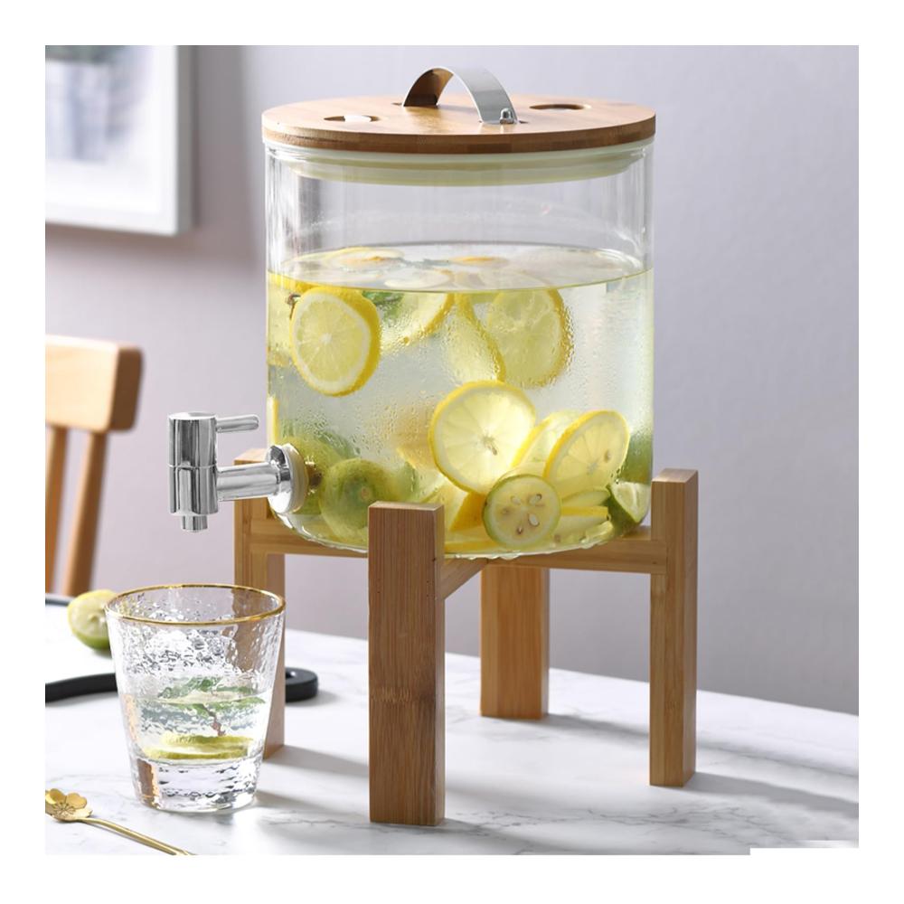 Wasserspender & Getränkespender 5L Glas mit Holzständer Zapfhahn & Deckel | Klarer Saftspender für kalte/heißer Getränke - Auslaufsicherer Limonadenspender | Inkl. Wasserfilter & Kartuschen