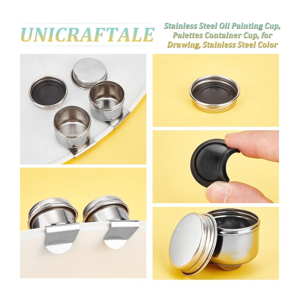 Premium Farbnäpfe Set - 4er Edelstahl Ölmalerei Becherpalette mit Deckel und Clip | Großvolumige Metalllöffel Maltöpfe für Künstler | Praktischer Palettenbehälter zum Malen