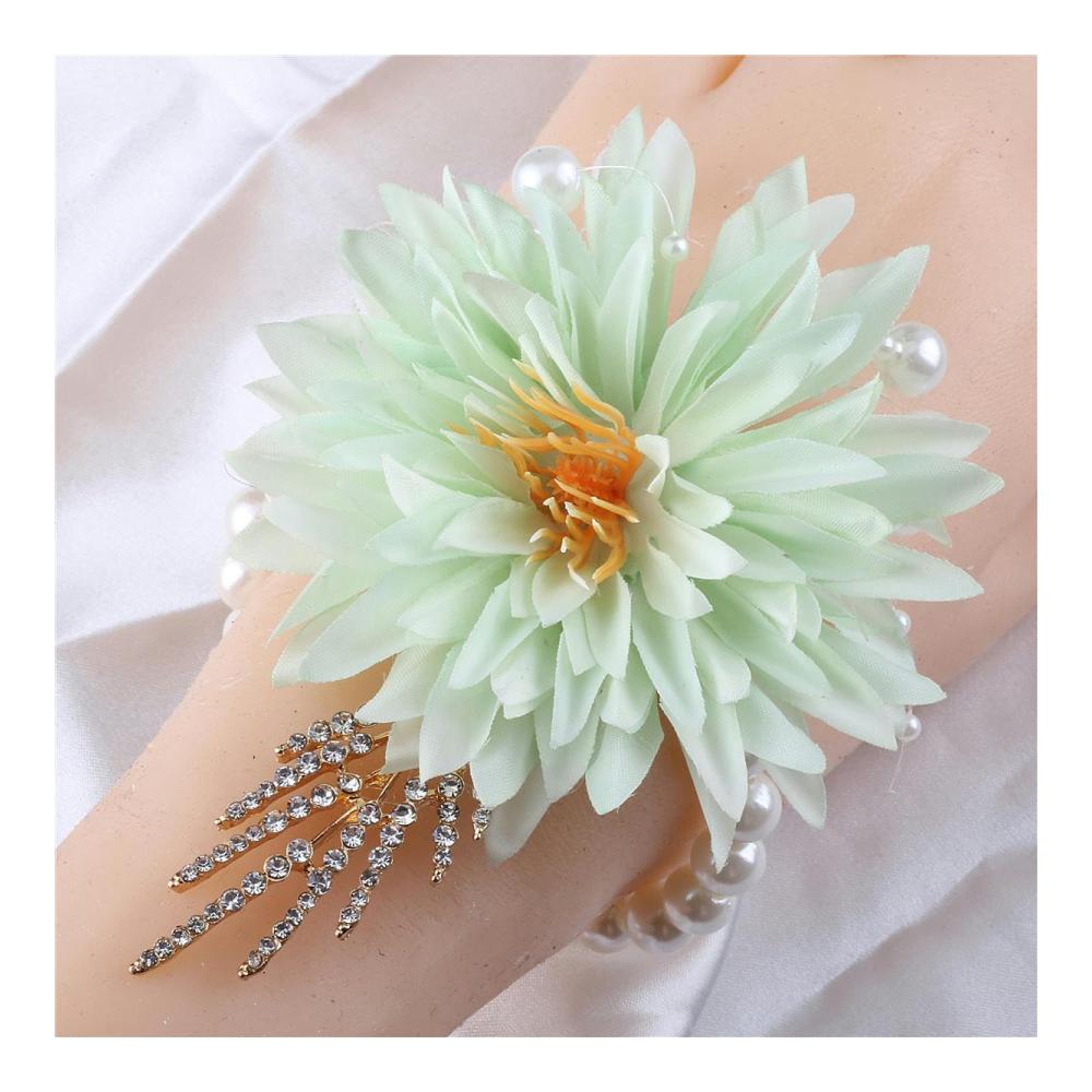 Elegantes Perlen-Gänseblümchen-Blumenarmband für Braut und Brautjungfer - Hellgrün - Handgelenk Corsage mit Perlenkette - Hochzeit Brautaccessoires