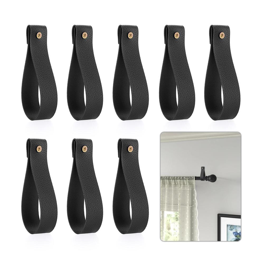 Premium PU-Leder Wandhaken für Holzvorhangstangen – Set mit 8 Stangenauflagen Halterungen für stilvolles Gardinen-Setup Schwarz
