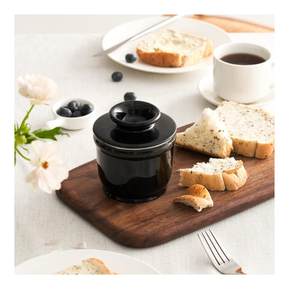 Butterdose Porzellan 180ml | Französische Butterdose mit Wasserlinie | Wassergekühlt | Runder Behälter für frische Butter | Schwarz | Premium Aufbewahrung für Butterliebhaber