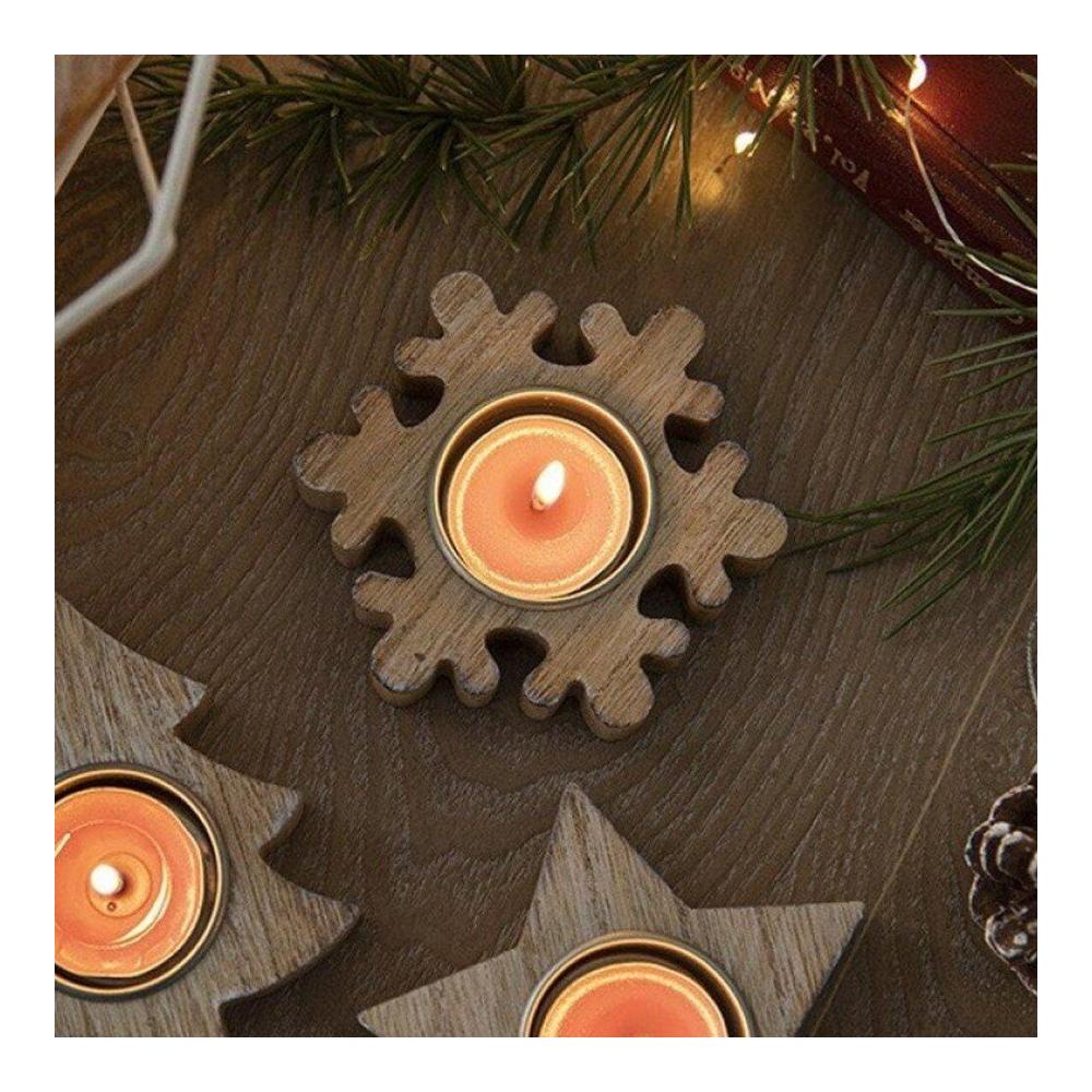 Eleganter Teelichthalter-Set 4 Stk. Weihnachts-Teelichtkerzenhalter aus Holz mit Weihnachtsbaum Schneeflocke und Stern Motiven. Perfekt für Wohnzimmer Esszimmer Hochzeitsfeier & Desktop-Dekor. Ideal für die festliche Stimmung