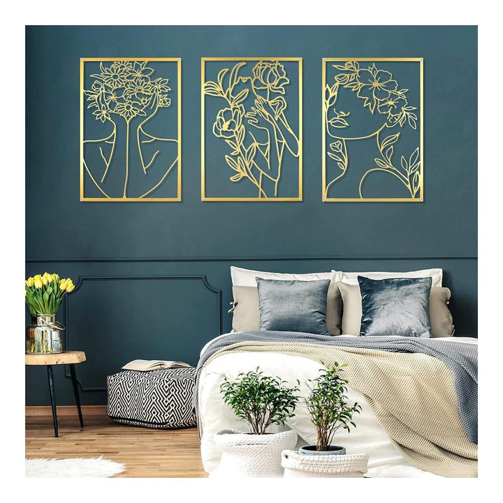 Edles 3-teiliges Set Gold Wandskulpturen - Moderne Metallskulpturen Frauenkörper Wanddeko - Abstrakte Wandkunst für stilvolle Wandgestaltung und Ambiente im Wohnzimmer Schlafzimmer und Badezimmer
