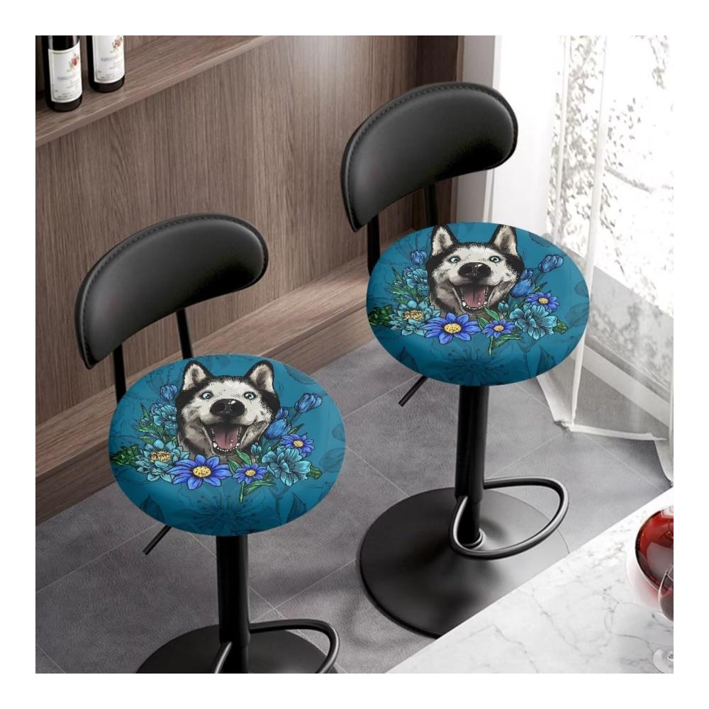 Husky Dog Sitzauflagen-Set mit Blumendruck | Hochelastische Bezüge für runde Barhocker | Weich & pflegeleicht | 2er-Set Sitzkissenbezüge | Mittlere Größe