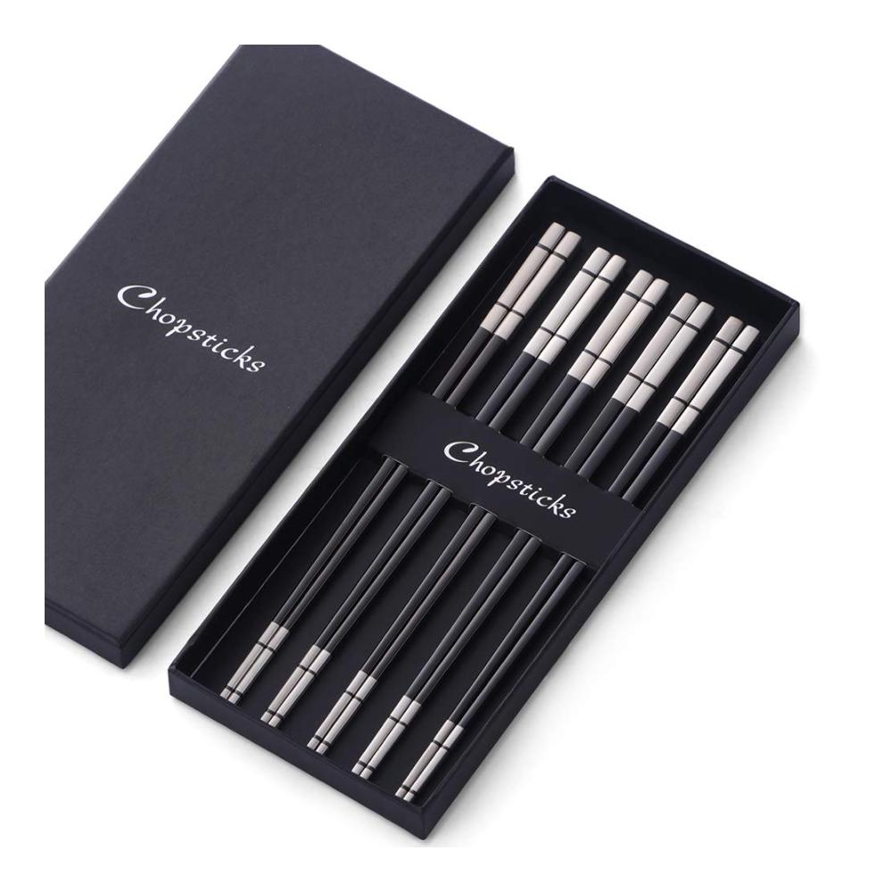 Hochwertige Edelstahl Essstäbchen Set Schwarz | 5 Paar Metall Sushi Stäbchen | 234cm Länge | Spülmaschinenfest | Ideal für Japanisch & Koreanisch Küche | Geschenk für Weihnachten/Geburts