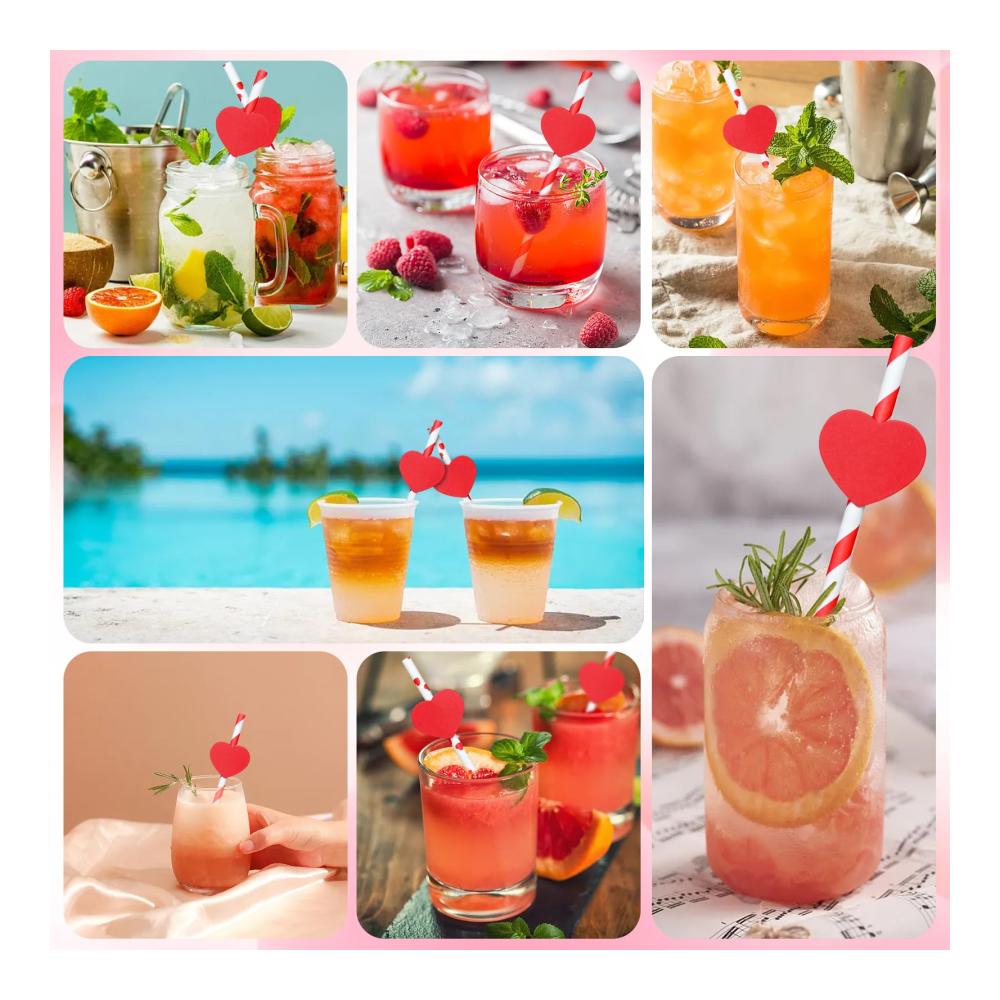 Biologisch Abbaubare Papierstrohhalme - 40 Stück | Rosa gestreift & Herzdesign | Ideal für Kaffee Cocktails & mehr | Perfekt für Valentinstag Hochzeiten & Geburtstage | Umweltfreundliche Strohhalme für jeden Anlass
