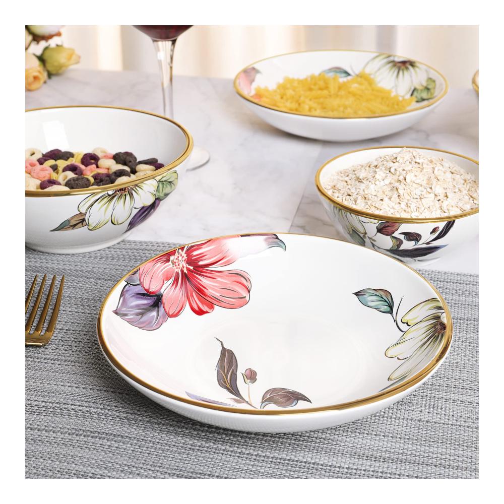 Japanisches Porzellan Salatschüssel-Set | 4er-Pack 500ml Pastateller | Spülmaschinenfestes Geschirr mit Blumen- und Blattmuster | Perfekt für Salate und mehr