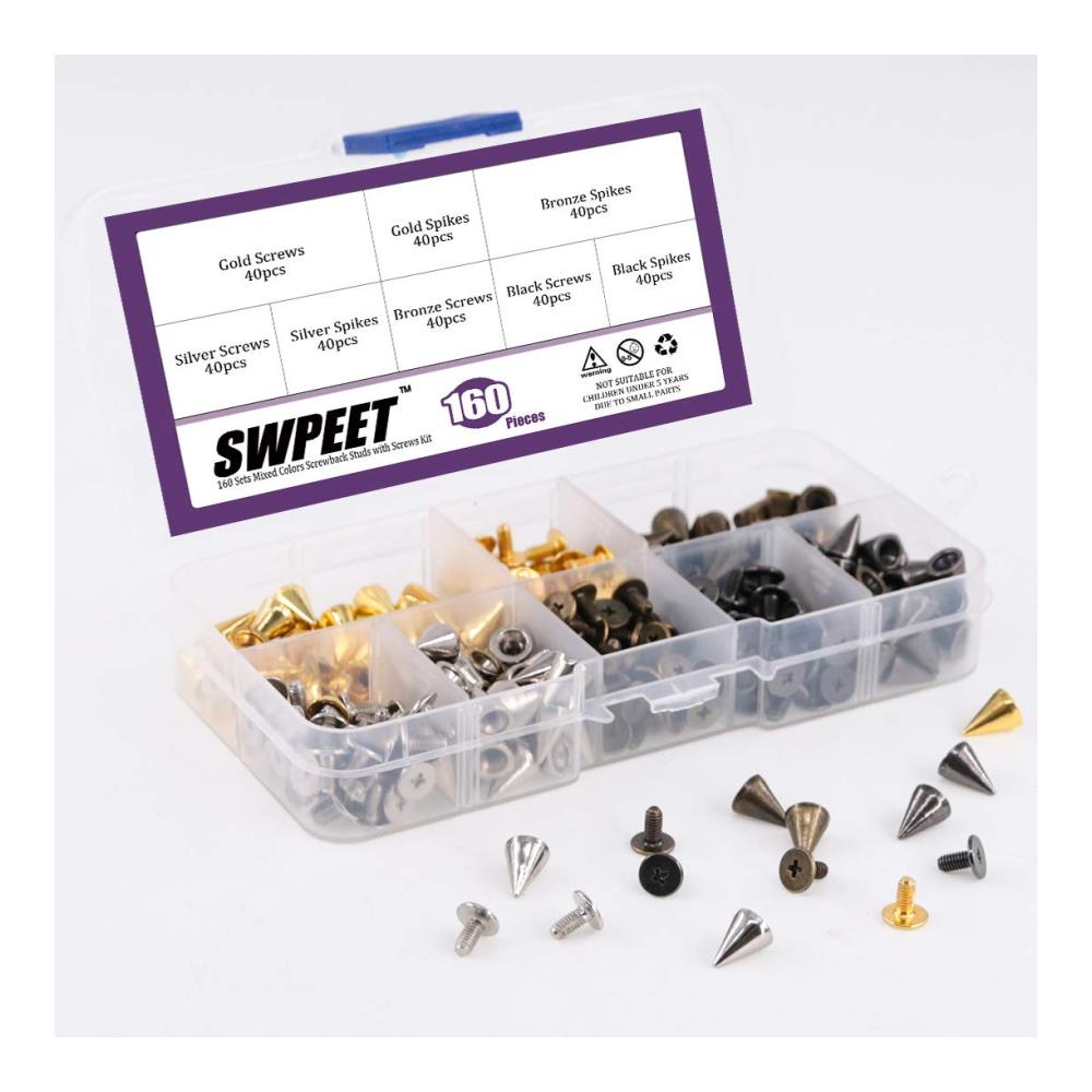 Swpeet 160er Set 4 Farben Leder Spikes & Nieten 7x9.5mm | Metall Schraubverschluss für DIY Handwerk | Punk Rock Zubehör für Lederbearbeitung