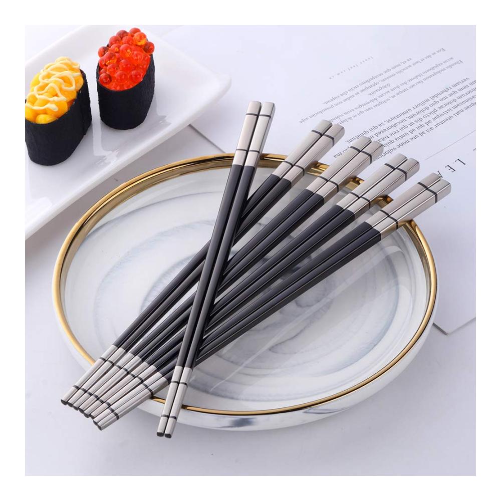 Hochwertige Edelstahl Essstäbchen Set Schwarz | 5 Paar Metall Sushi Stäbchen | 234cm Länge | Spülmaschinenfest | Ideal für Japanisch & Koreanisch Küche | Geschenk für Weihnachten/Geburts