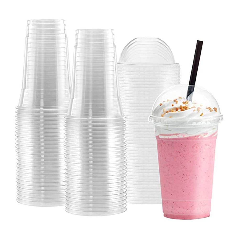 Hochwertige Smoothie-Becher 100 Stück | 450ML Transparent mit Domdeckel & Rundloch | Ideal für Limonade Eiskaffee Cocktails & mehr | Praktisch für Zuhause und Unterweg