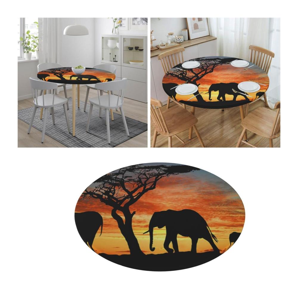 Afrikanische Elefanten-Runde Tischdecke - Dekorative Küchentextilien für Esstisch Teetisch drinnen & draußen. Abwischbare Tischdecke mit exotischem Druck stilvoller Schutz & Ambiente