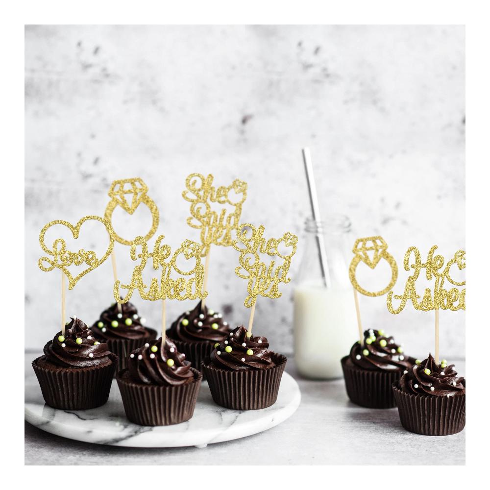 Tortendekorationssets Goldene Cupcake-Topper mit He Asked She Said Yes Aufschrift für Hochzeit Verlobung und Partys - 24 Stück Glitzer Diamant Ring Herz Liebe