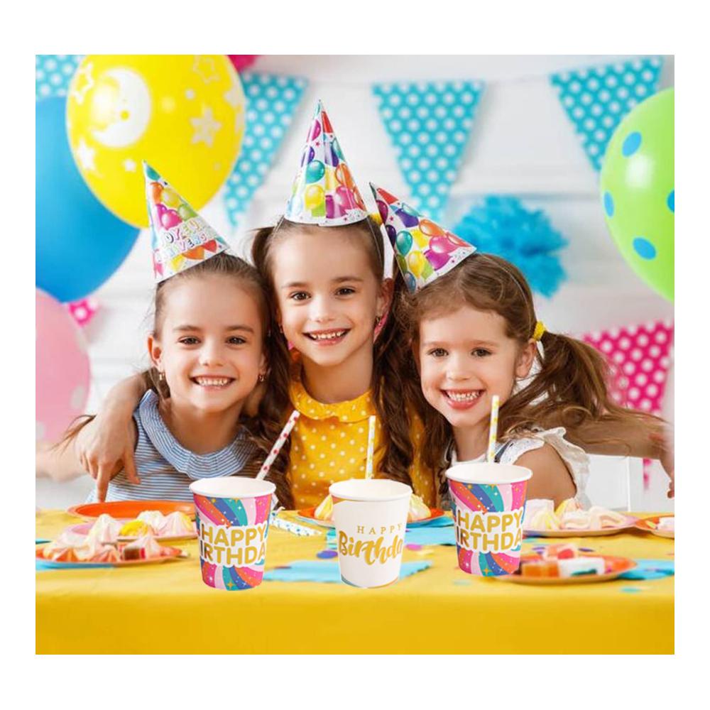 Entdecken Sie den Glanz der Feierlichkeiten! 100x Bunte Einweg Pappbecher - Stilvoll bedruckt mit HAPPY BIRTHDAY! Ideal für Partys Kaffee Tee und mehr. Umweltfreundlich 250ml/9oz Kapazität