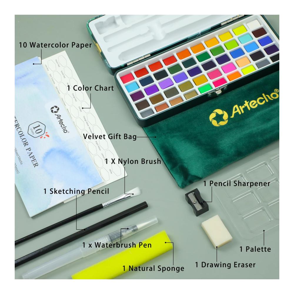 Aquarellfarben Set 50 brillante Farben in praktischer Box | Inklusive 4 fluoreszierende Wasserfarben Aquarellpapier Pinsel & mehr | Ideal für Künstler & Hobbyisten | Hochwertige Farben & Lacke