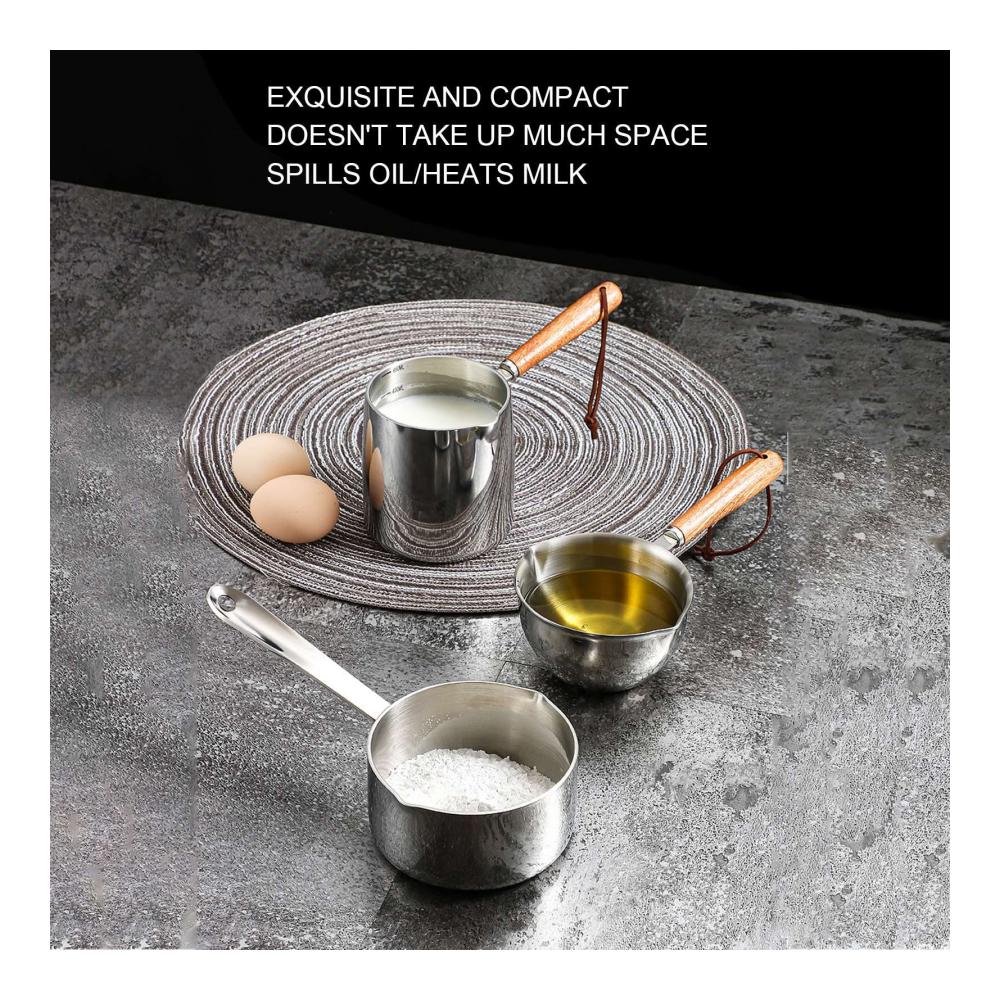 Edelstahl Milchtöpfe Set – Mini Butterwärmer & Saucen Topf mit Holzgriff – Idealer Kochtopf für Milch Schokolade & mehr – 450ML
