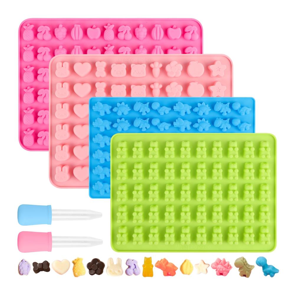 Erstellen Sie köstliche Leckereien! Schokoladenformen Set – 4 Stück Dinosaurier Silikonformen für Süßigkeiten Bonbons und mehr. Inklusive 2 Pipetten für präzises Gießen. Perfekt für Schokolade Gelee und