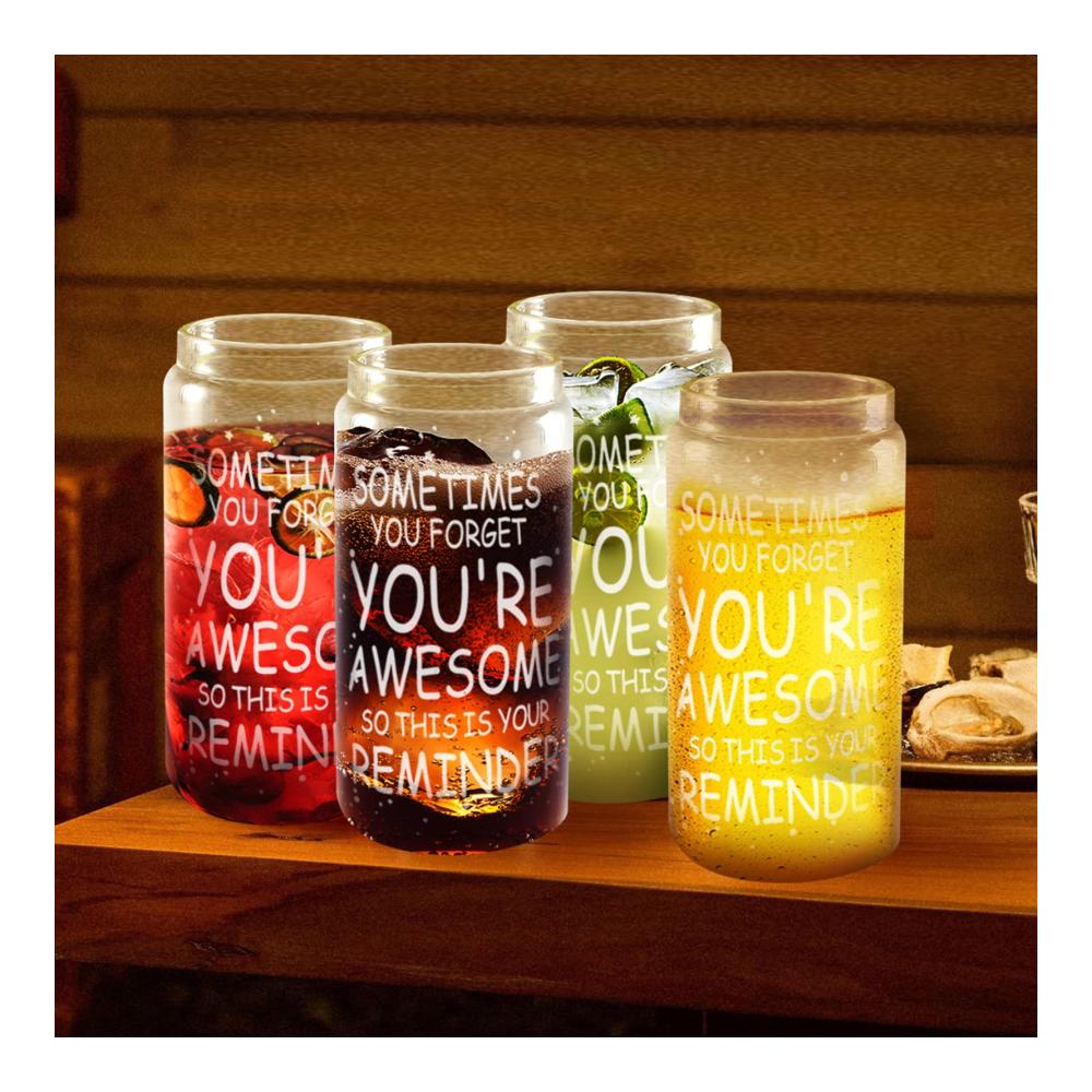 Entdecken Sie den Genuss 4er-Set Iced Coffee Cups mit Bambusdeckeln und Glasstrohhalmen | Einzigartige 16oz Bierdosenform | Stilvoller Tumbler für Smoothies Cocktails & Whiskey | Kaffee- & Teegläser die Awesome sind