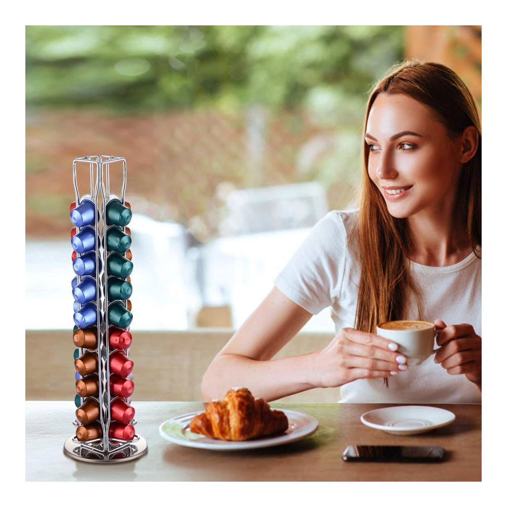 360° Drehbarer Kapselständer für Nespresso - Platzsparende Aufbewahrung für 40 Kaffeekapseln - Rostfreier Kapselhalter in Silber Chrom Design