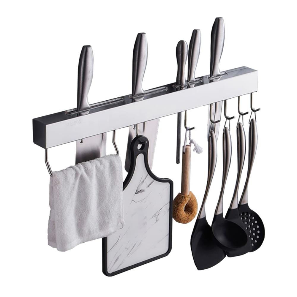 Organisieren Sie Ihre Küche mit Stil! Praktisches 6-teiliges Messerblockset mit Wandbefestigung Handtuchhalter und Haken für Ihre Küchenutensilien. Platzsparend und elegant (Chrome