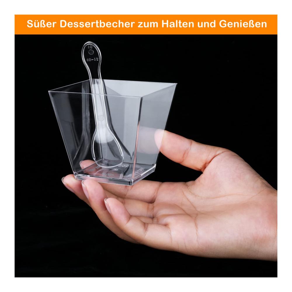 Premium Dessertbecher Set 30 Stück 200ml quadratische Dessertschalen mit Löffeln - Perfekt für Dessertpartys Pudding Mousse & Eis - Wiederverwendbare Kunststoffschalen & Schüsseln