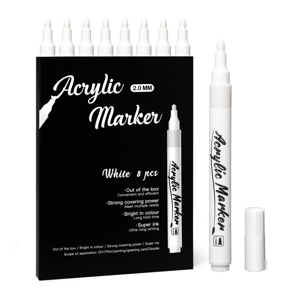 Kreativer White Pen Set - 8 feine Filzstifte für Skizzieren Zeichnen & mehr auf Holz Felsen Glas und mehr - Acryl Permanent Marker für schwarzes Papier