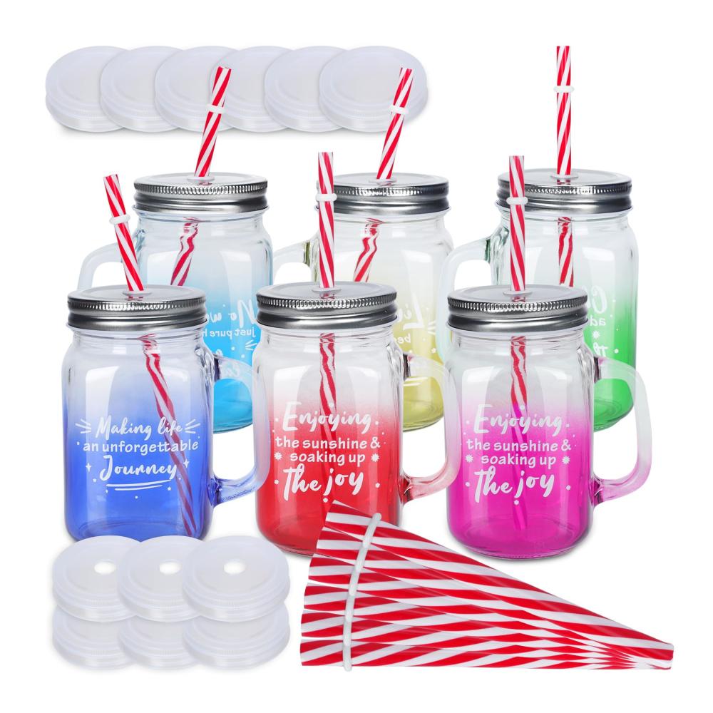 Genießen Sie stilvoll 6er Set Einmachgläser mit Deckel und Strohhalm - 450ml Mason Jar Gläser in buntem Design für erfrischende Getränke köstliche Marmeladen und praktische Haferflockenlagerung. Entdecken Sie vielseitige Nutzung und Qualität für Ihren Alltag