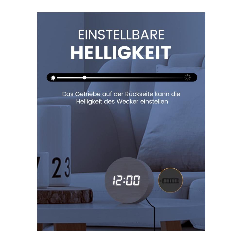 Digitale Wecker Uhr mit 3 Alarmen & Snooze LED Display mit Schallsteuerung USB-betrieben - Mini Holz Wecker für Schlafzimmer Nachttisch - Moderner Tischwe