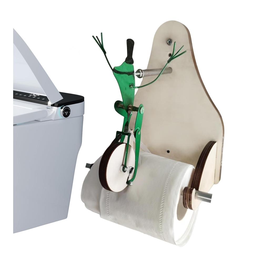 Entzückender Frosch-Rollenhalter aus Holz Einzigartige WC-Papierhalterung für eine lustige Badezimmergestaltung. Frosch auf Einrad und Fahrrad. Fröhliche Akzente