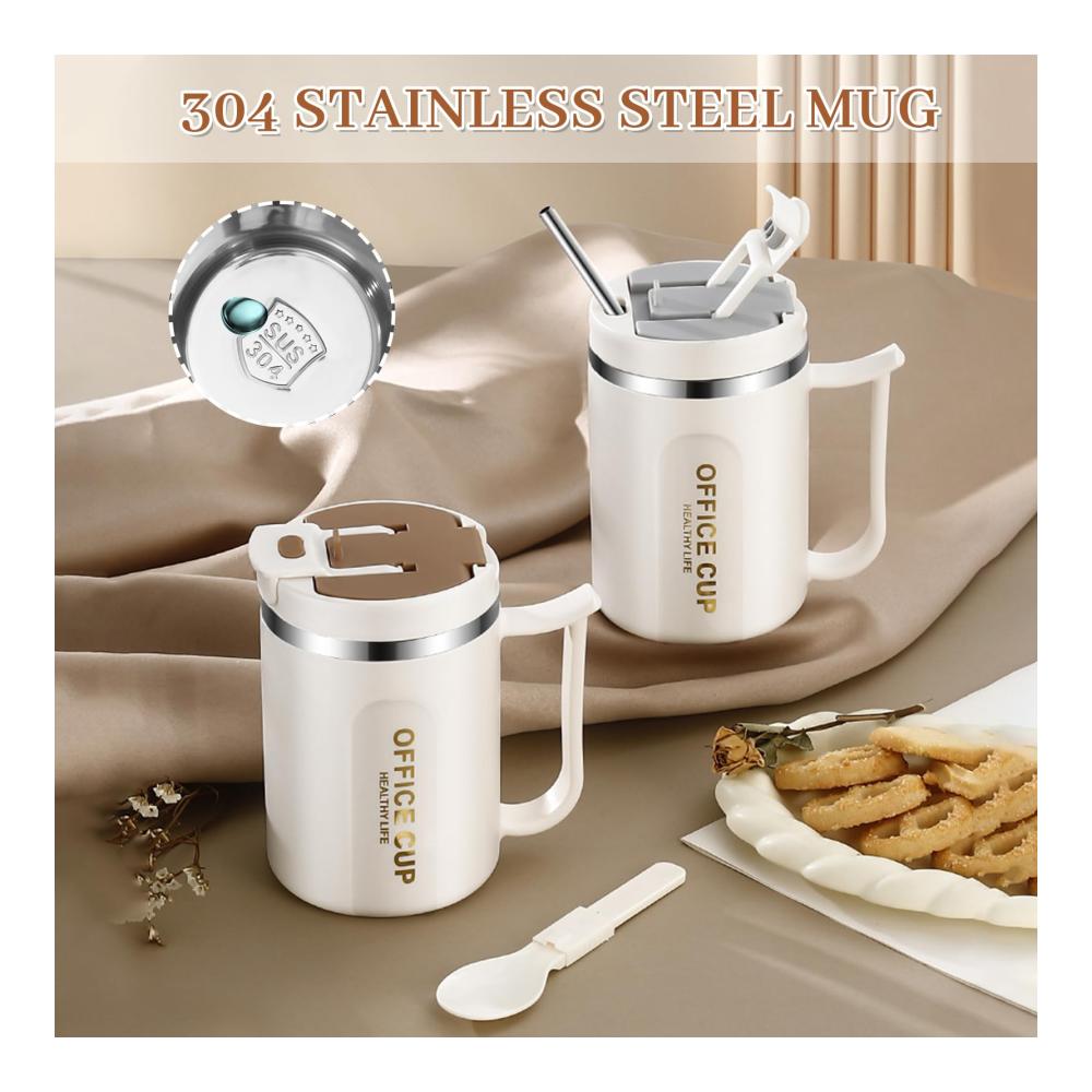 Genießen Sie Ihre Lieblingsgetränke unterwegs! Thermo-Kaffeebecher aus Edelstahl mit Henkel Isolierbecher mit Griff und Strohhalm für heiße und kalte Getränke. Ideal für unterwegs