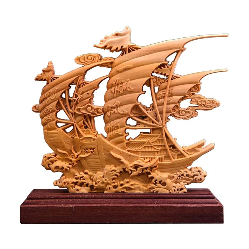 Doppelseitig geschnitzte Buddha-Figur 21 cm - Exquisites Segelboot-Holzornament aus Thuja-Holz - Glattes Segelboot-Design - Einzigartiges hohles Einrichtungsgeschenk - Handgeschnitz