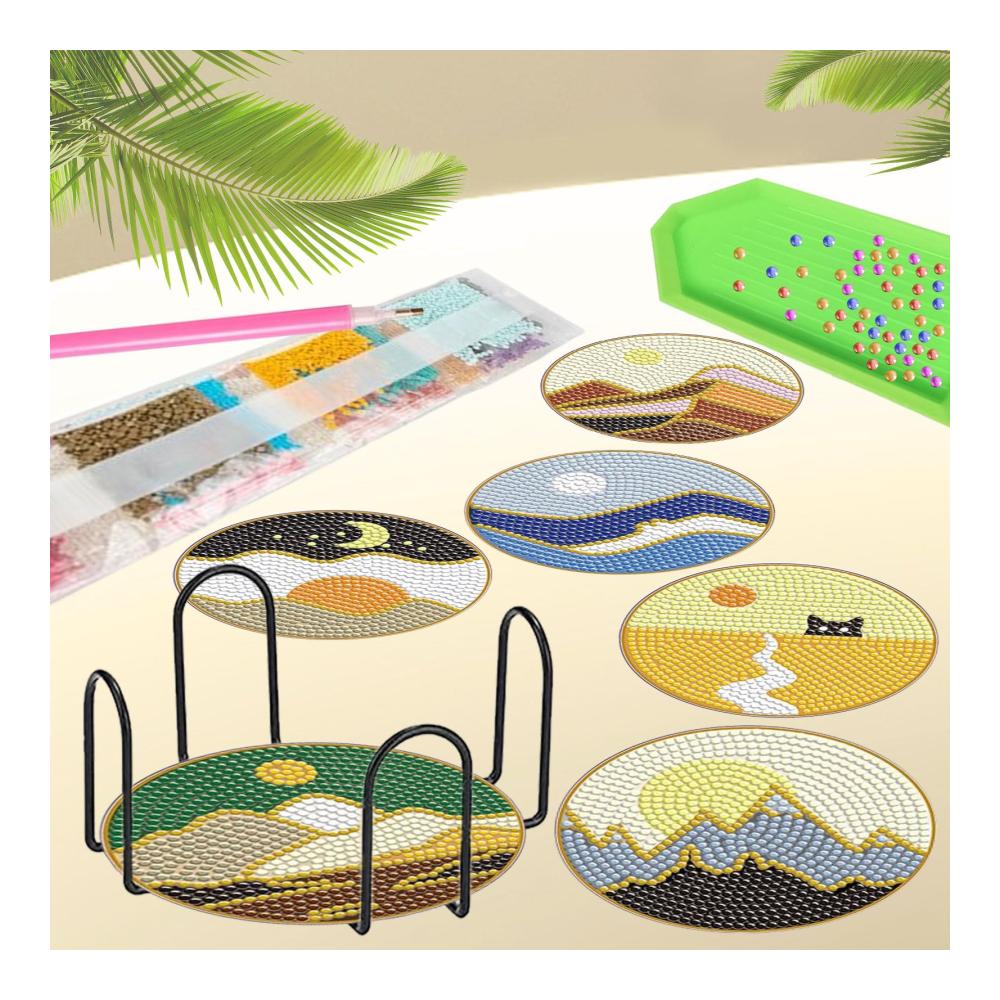 6er Set 5D Diamant Malerei Untersetzer mit Halterung – DIY Bastelkit für Erwachsene und Kinder – Schöne Landschaftsmotive – Dekorative Tischuntersetzer für Zuhause – Perfekt zum Verschönern Ihrer Tische