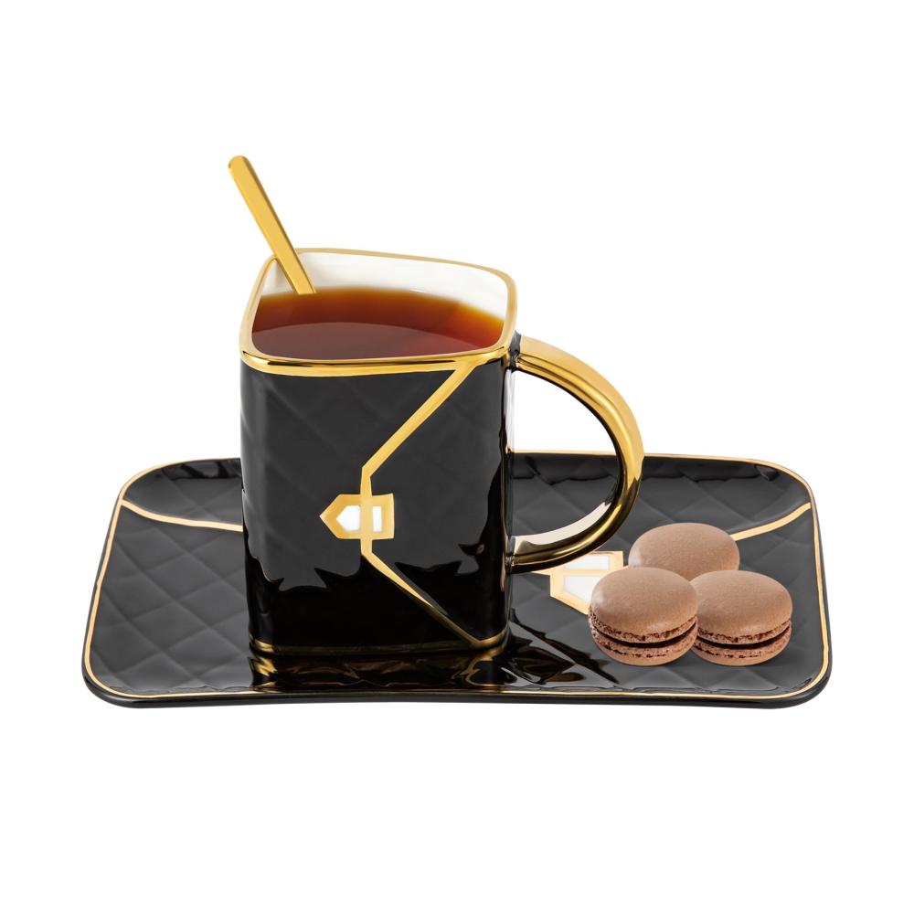 Luxus Cappuccino Tassen Untertassen Set mit Löffel - 310ml Handtasche Design Porzellan & Keramik für Kaffee & Tee Schwarz & Gold