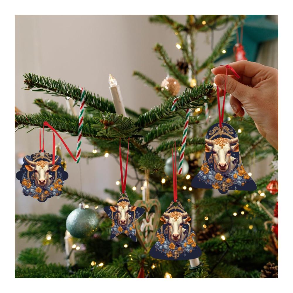 4-teiliges Set Weihnachtsbaum Anhänger - Festliche Acryl Ornamente für Party & Bauernhaus Deko - Kuh Logo Teal Design - Ideal für Auto & Zuhause
