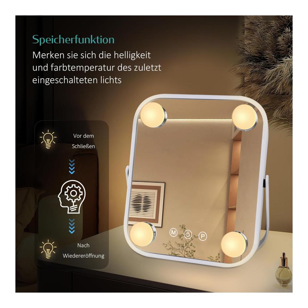 LED Tischspiegel mit Bluetooth Touch-Steuerung & 360° Drehung - Schminkspiegel mit 4 verstellbaren LED-Leuchten und 3 Farblichtoptionen - Kompakter 22 x 25 cm Kosmetikspiegel für perfektes Make-up