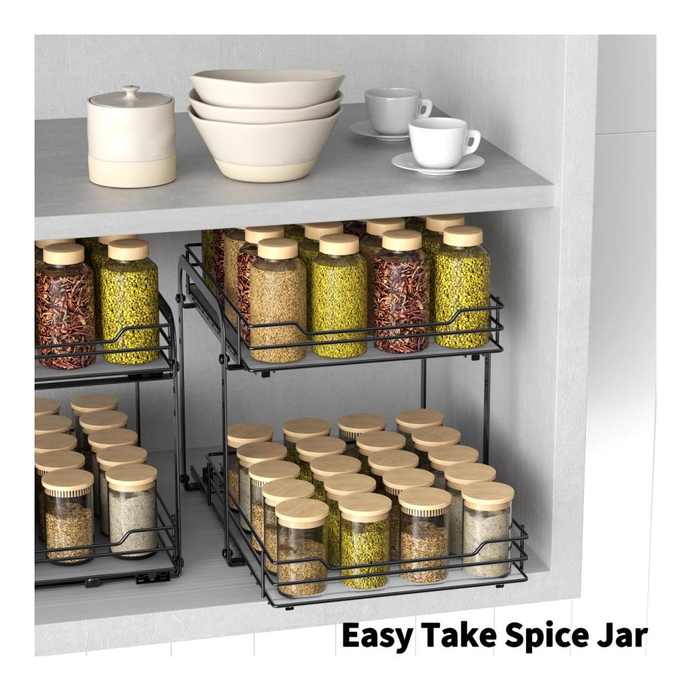 Ausziehbares Gewürzregal für Küchenschränke | 2 Etagen Organizer | Platzsparendes Spice Rack für Küchen | Anpassbarer Schrank Organizer | 26.4x23.2x23 cm | Einfache Montage | Robuste Konstruktion | Ideales Küchenzubehör
