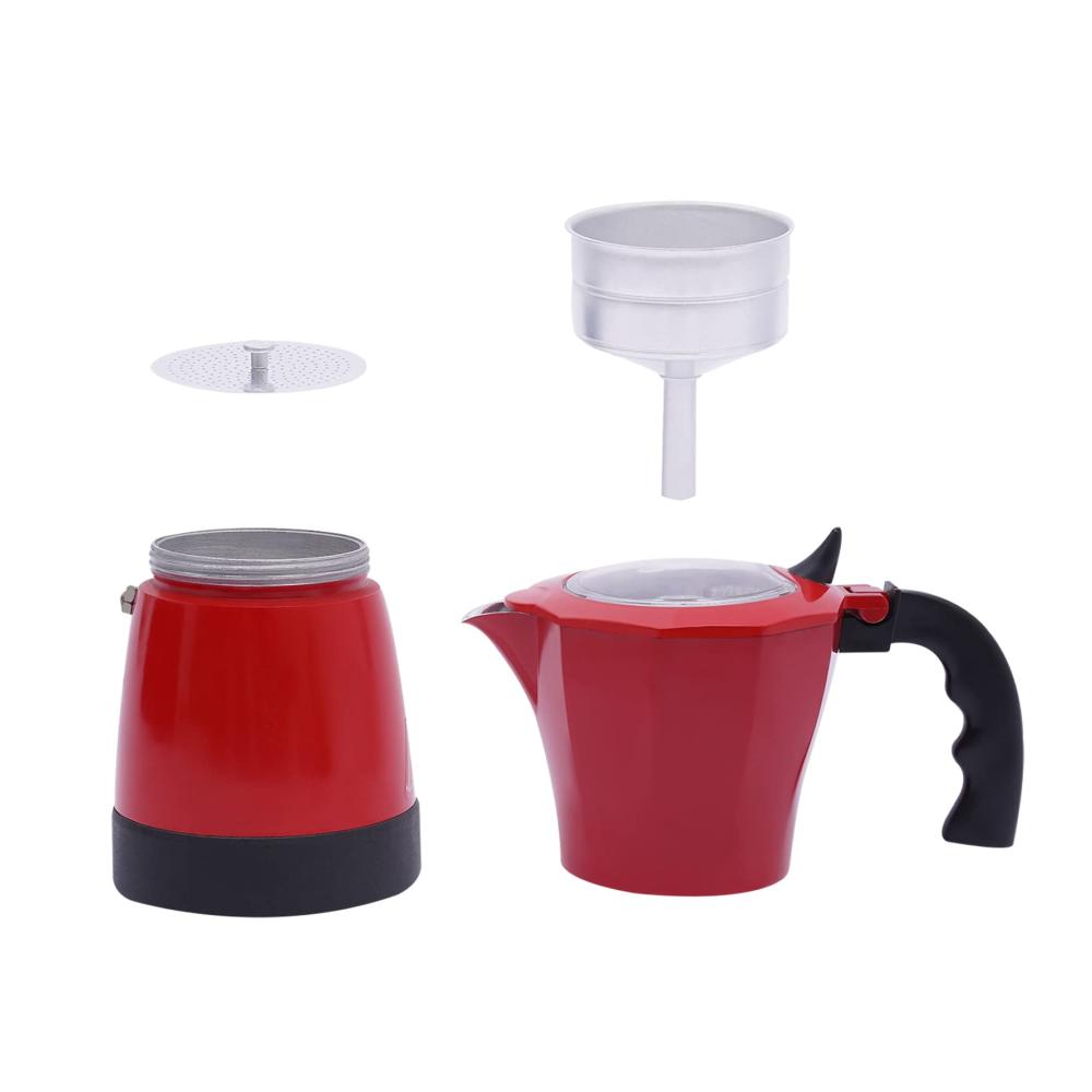 Hochleistungs-Espressokocher Elektrischer Espresso-Kocher mit 300ml Kapazität 6-Tassen-Basis 480W Aluminiumlegierung 360° drehbar für Büro und Zuhause (Rot