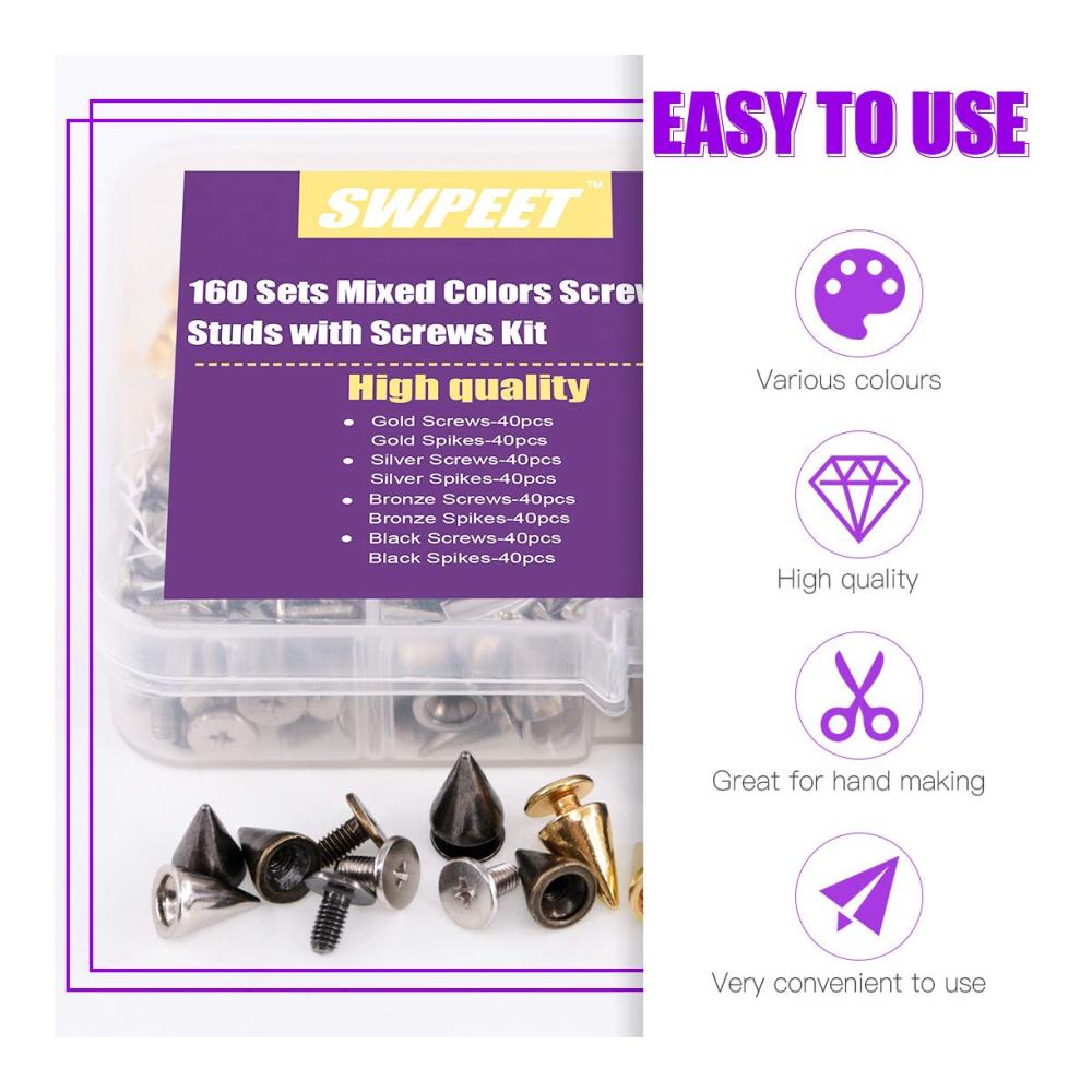 Swpeet 160er Set 4 Farben Leder Spikes & Nieten 7x9.5mm | Metall Schraubverschluss für DIY Handwerk | Punk Rock Zubehör für Lederbearbeitung