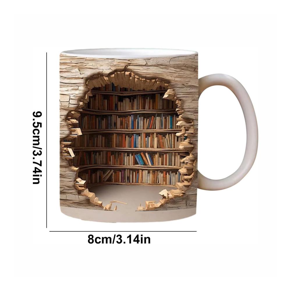Buchliebhaber Kaffeetasse | 325ml Keramikbecher mit 3D-Buchregal-Design | Tasse für Leseratten und Buchwürmer | Ideal für Buchclubs und Lesungen | Tolles Geschenk für Bücherfans