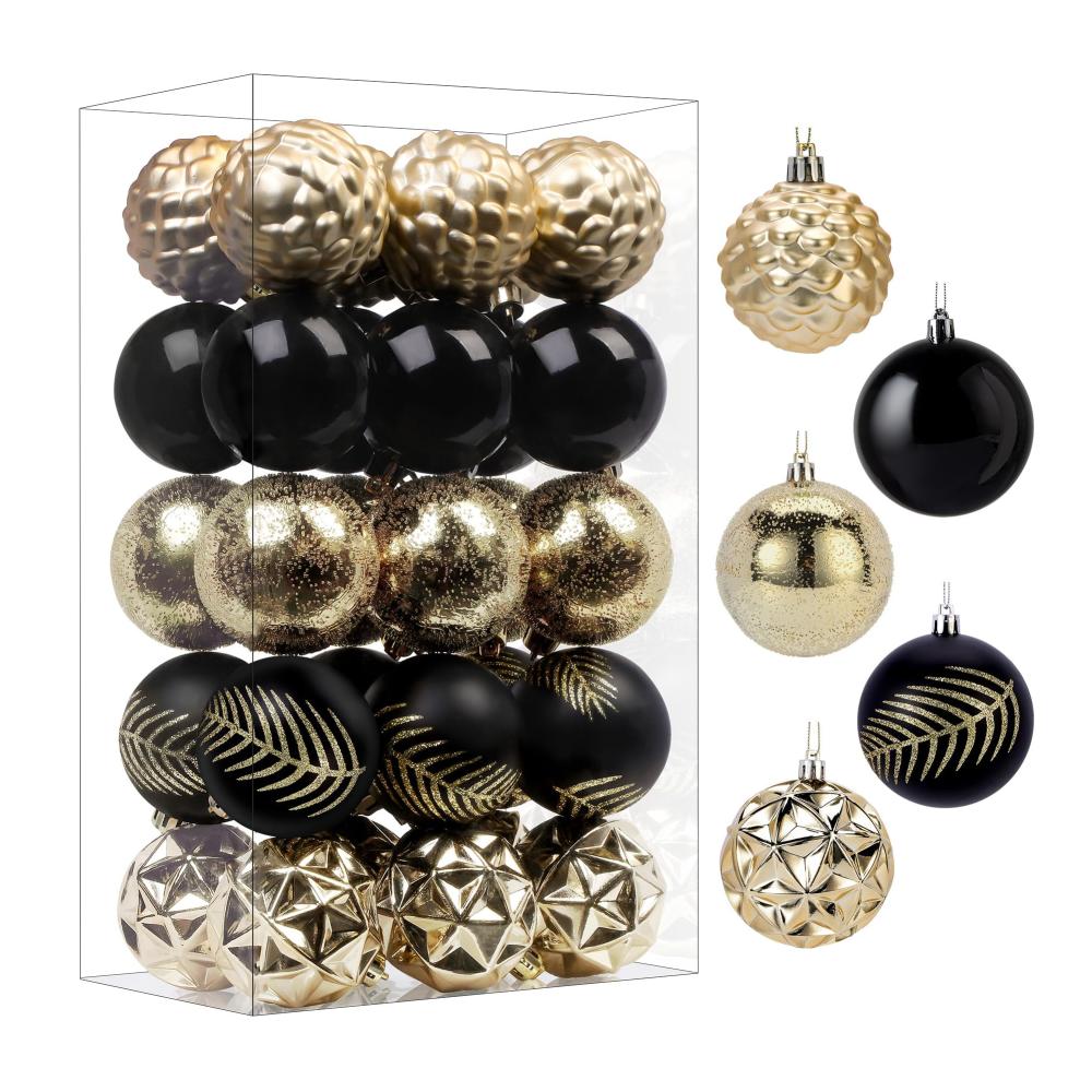 12er Set 315 Weihnachtsbaumkugeln in Schwarz & Gold 80mm - Bruchsichere Kunststoff-Weihnachtsdeko Ideal für Festtage Hochzeiten & Partys