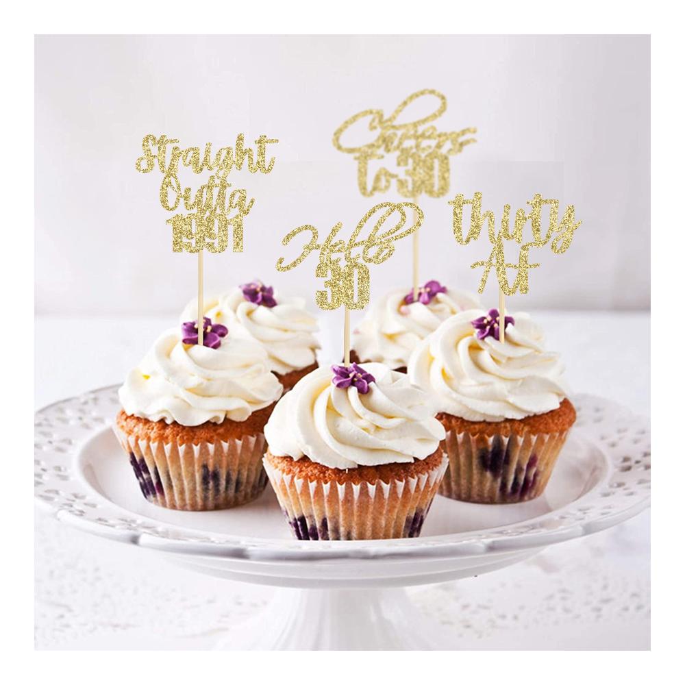 Verzaubern Sie Ihre Geburtstagsfeier mit Eleganz 48-teiliges Tortendekorationsset Gold Glitter - Hello 30 Cupcake Topper Jubiläumsfeier-Zubehör mit Glitzer für den perfekten 30. Geb