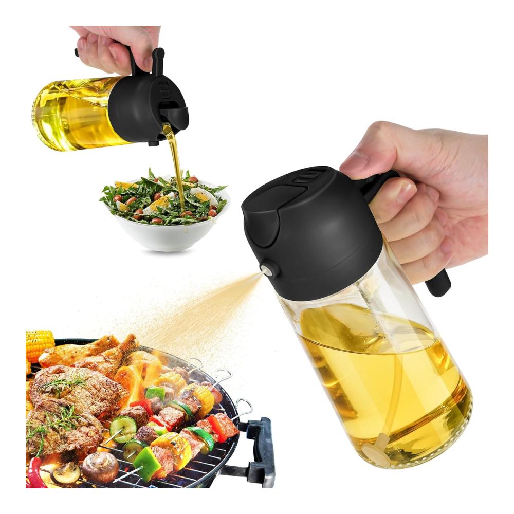Premium Ölsprüher 470ml Glas-Ölspender mit Griff lebensmittelecht | Perfekt für Küche Luftfritteuse Salat Backen & Grillen | Olivenessig-Sprühflasche in Schwarz