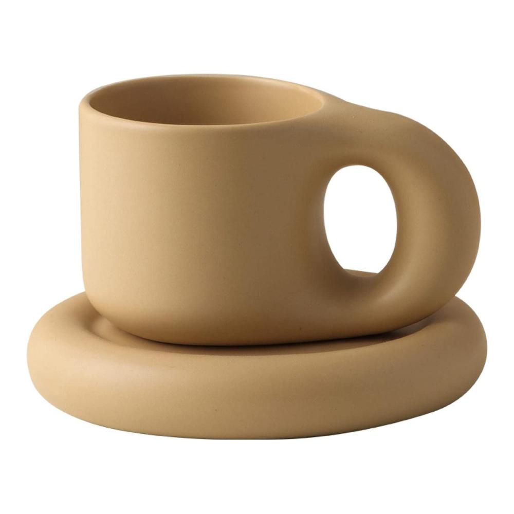 Keramik Tassen- & Untertassensets Kreative Handarbeit mit Fettgriff | Personalisierte 300ml Tasse für Kaffee Tee Milch & Kuchen | Ovaler Teller inklusive
